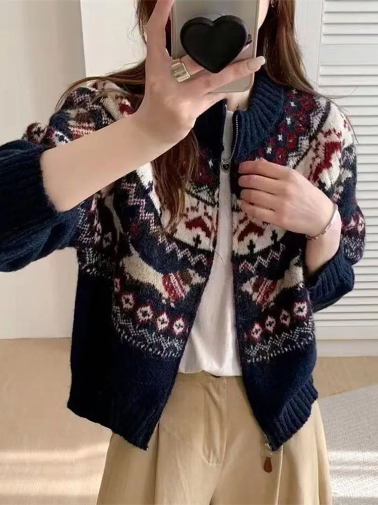 

Retro Jacquard Knitted Cardigan Sweater Women 2025 New Autumn Elegant Fashion Zipper Round Neck Long Sleeve Loose Sweaters