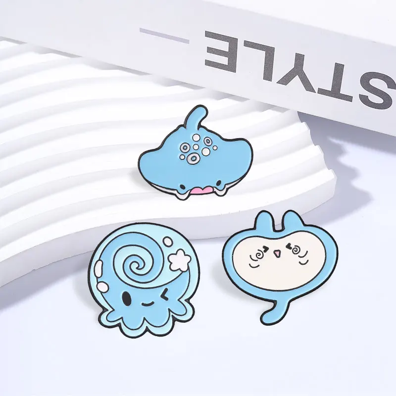 Blue Marine Creature Badges Cute Octopus Blob Monster Manta Ray Enamel Pin Cartoon Cute Sea Animal Brooch Accessories view 3