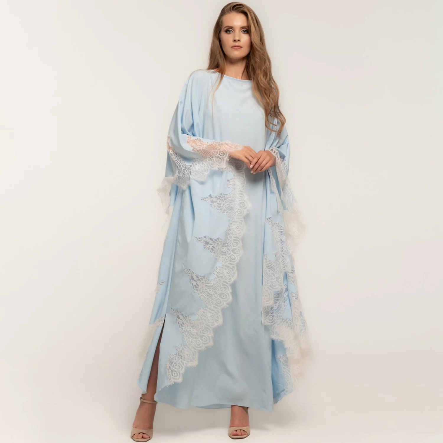 

Baby Blue Women's Nightwear Boat Neck Lace Edge Dressing Gown With Belt Comfort Pajamas Robe Housecoat Sleepwear Customized