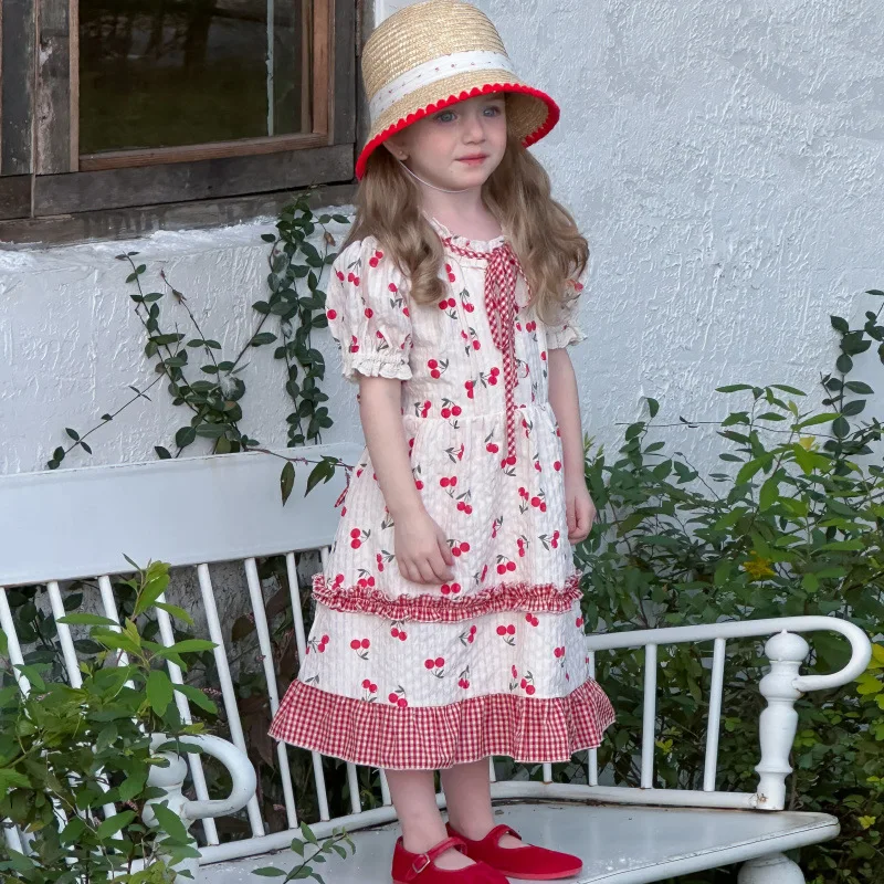 

Summer Baby Girls Princess Dress New Muslin Cherry Print Kids Girls Sweet Dress French Bubble Short Sleeve Bow Little Girl Dress