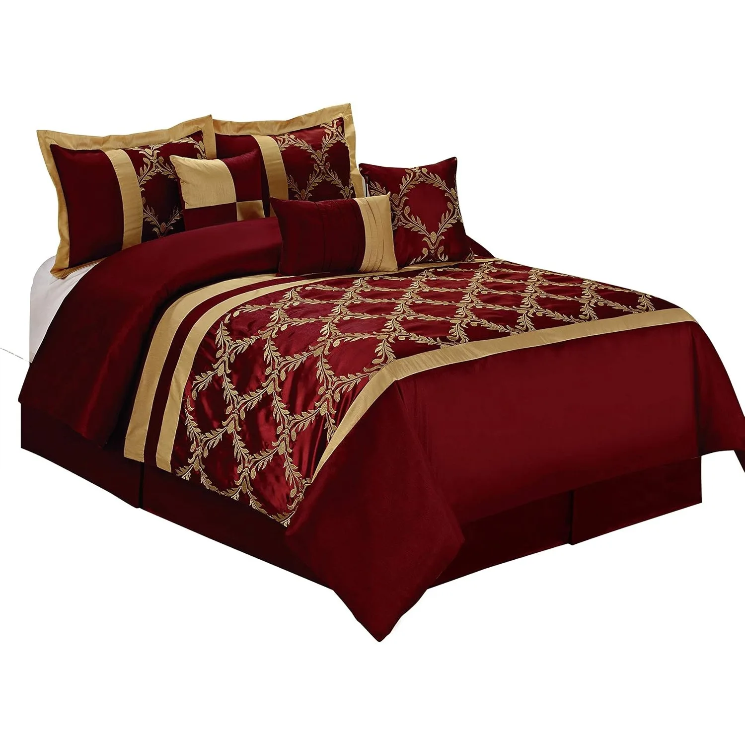 

7 Piece Comforter Set King - Burgundy and Gold Faux Silk Fabric Embroidered - Claremont Bed in A Bag - Breathable and Wrinkle