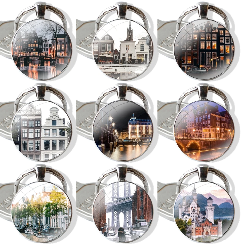 Travelling Amsterdam The Netherlands 25mm Glass Cabohcon Keychain Key Rings for Women Men Jewelry Gift