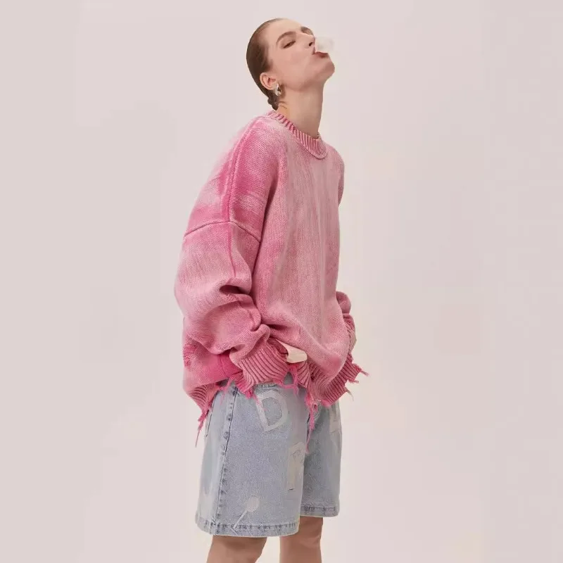 European American Vintage Laid-back Tattered Style Pullovers in Autumn Winter Loose Jacquard Casual Knitted Sweater for Women