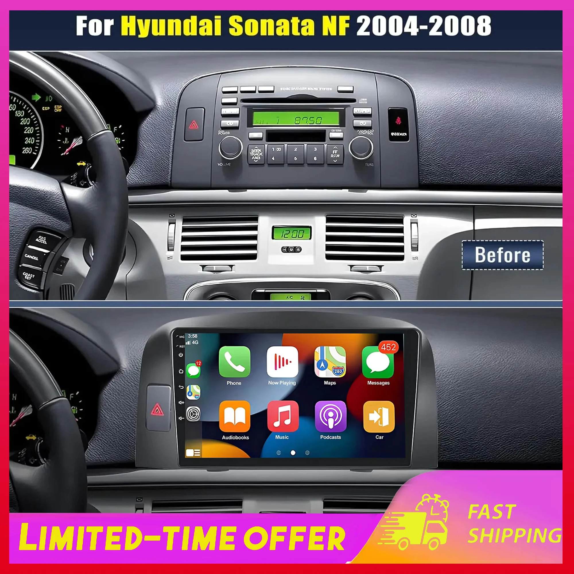 

9-дюймовая автомобильная магнитола с Carplay, GPS, Wi-Fi, совместимая с Hyundai Sonata NF 2004-2008, Android 15, мультимедийные автомобильные запчасти