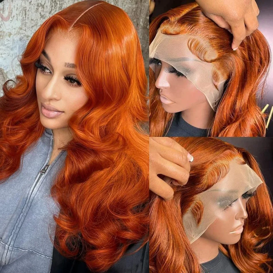 Pelucas transparentes del frente del cordón de la onda 13x6 del cuerpo naranja jengibre cabello humano para las mujeres # 350 línea de cabello natural prearrancada de colores 220%