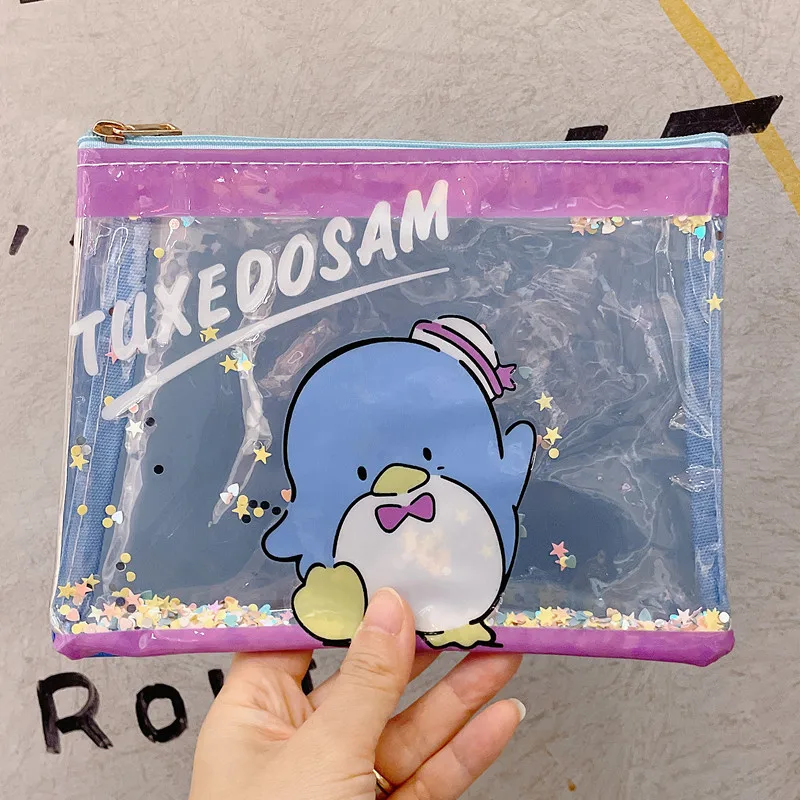 Sanrio 광대 물고기 멋진 펭귄 PC 개 개구리 귀여운 만화 투명 PVC 방수 저장 메이크업 가방 레이디 일본어 15x22cm