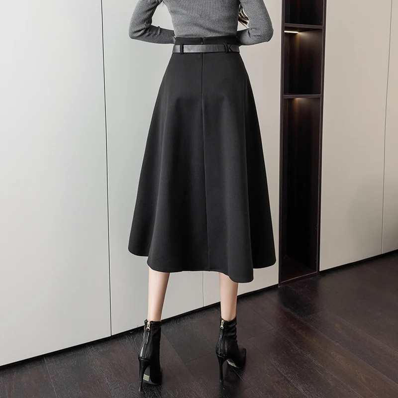 Coffee Elegant Fashion Winter Warm Wool Skirt For Woman 2023 High Waist Casual Big Swing Mid-Long Skirt With Belt