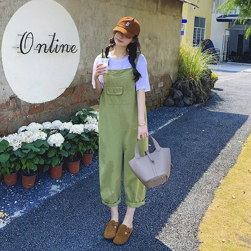 Green Jumpsuits Women Summer Lovely Girls Trendy Korean Pockets Daily Pure Color BF Style Student All-match Streetwear New Cargo