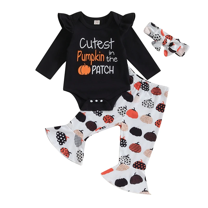 

0-12M Infant Girl Halloween 3Pcs Matching Outfit Letter Print Flying Sleeve Romper + Pumpkin Flare Pants + Bow Headband Newborn