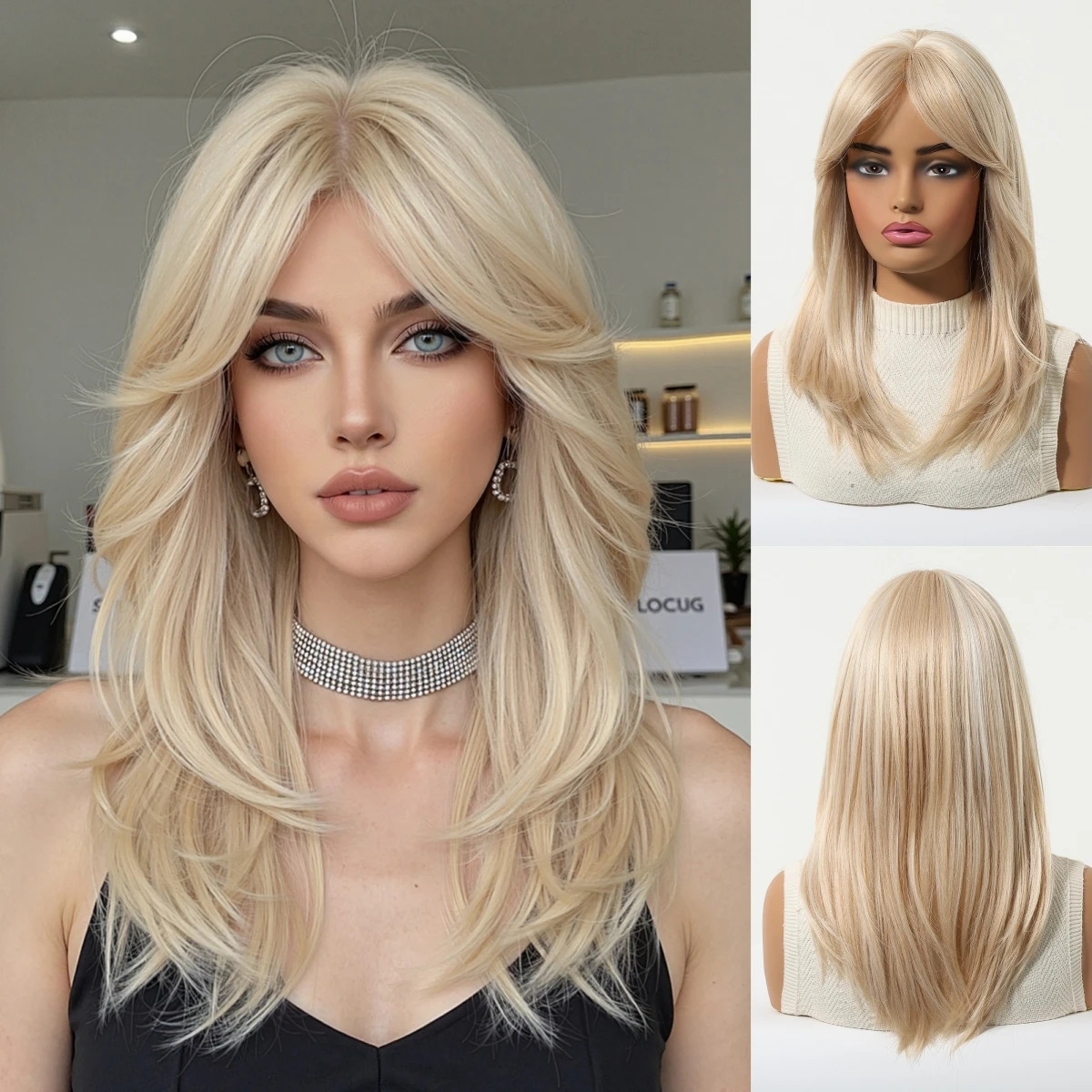 

Синтетический парик LOUIS FERRE для женщин, блонд, многослойный, с челкой-шторкой, натуральный прямой, термостойкий, для повседневного использования и вечеринок