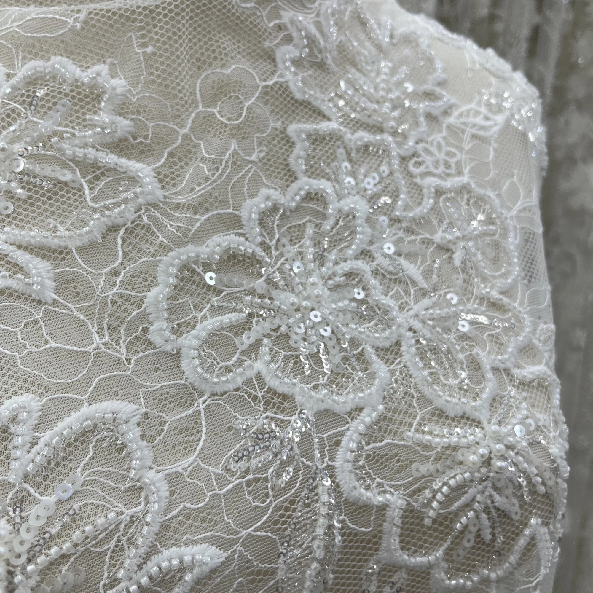 New French Lace Sequin Bead Tulle Embroidery High-end Wedding Dress Design Fabric