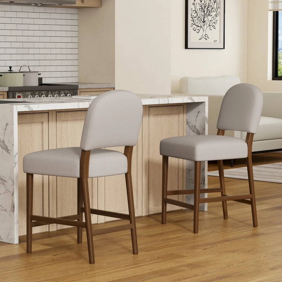 26'' Seat Height Light Gray Fabric and Walnut Rubberwood Bar Stool, Adjustable Floor Leveler, Spacious Seat for Kitchen Island