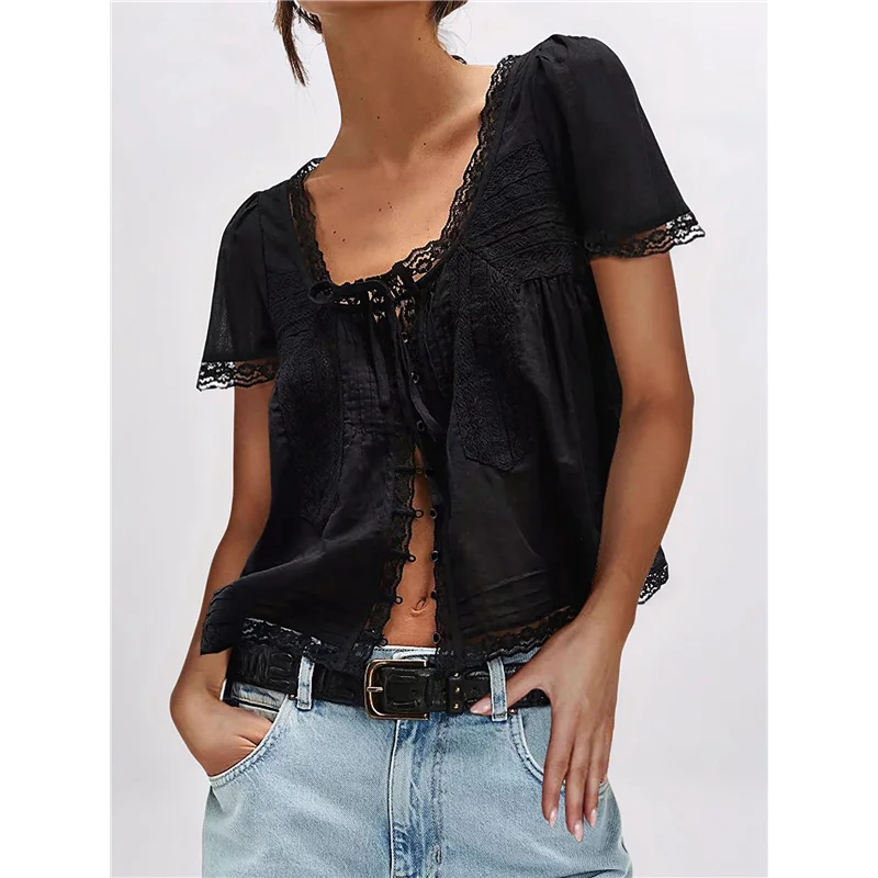 ABP-Top con ribete de encaje frontal para mujer, camisa transparente de manga corta con cuello redondo y botones, Tops cortos bohemios fluidos con volantes Y2k