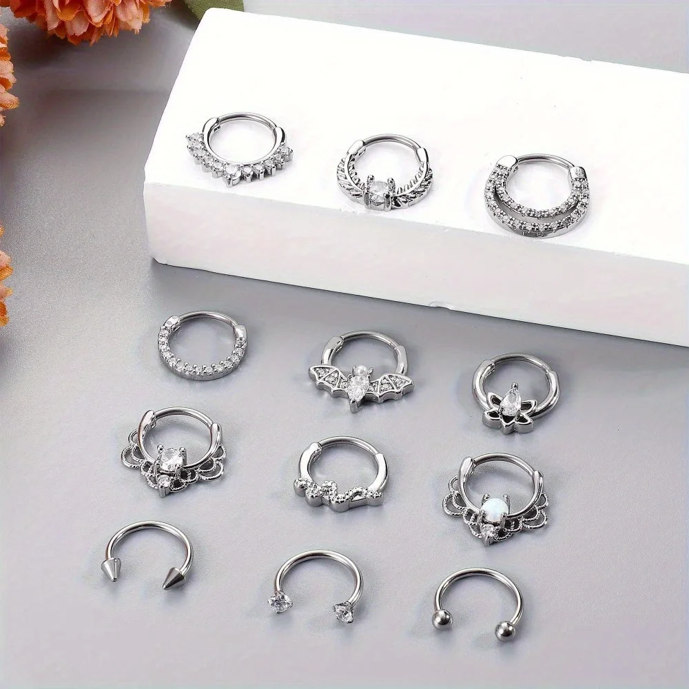 DOLOTTA 1Pc Stainless Steel Septum Ring 16G Daith Earring Nose Ring Hoop CZ Opal Cartilage Helix Tragus Clicker Piercing Jewelry