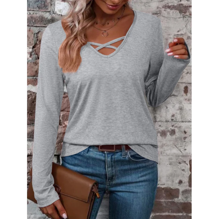 Loose for Fit Solid Color Womens Long Sleeve Shirt with For Cross Tie for Casual Wear All Seasons Spring Winter