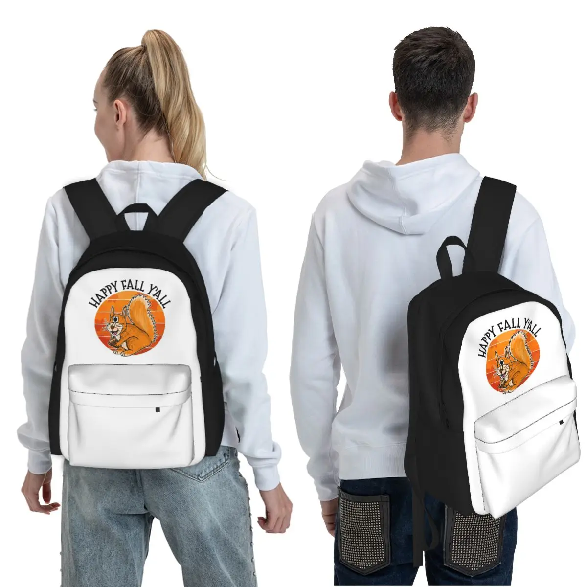 Happy Fall Y'All Squirrel Fall Autumn Wildlife Student Backpack School Bag Hiking Travel Daypack Fashion Bookbag Shoulder Bags