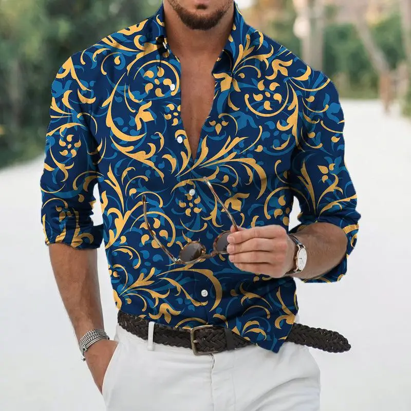 2023 luxury social men\'s shirt lapel button shirt casual flowers 3D printing long sleeve men\'s ball cardigan oversize coat