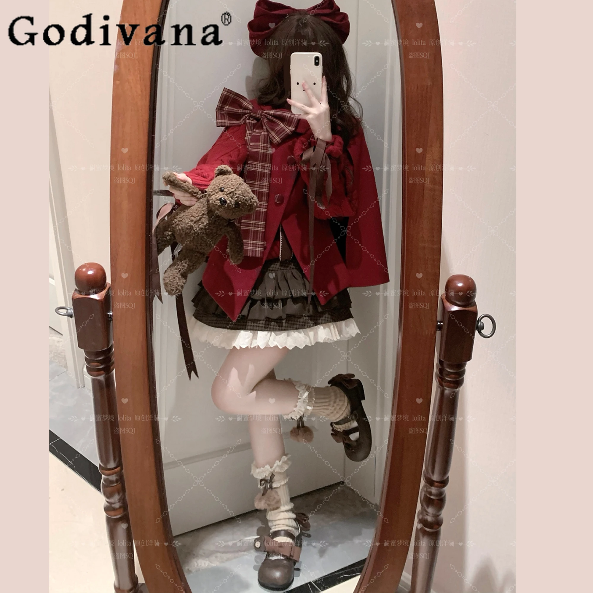 

Christmas Red Cape Autumn Winter Woolen 2025 New Lolita Bow Sweet Cute Woolen Coat for Women
