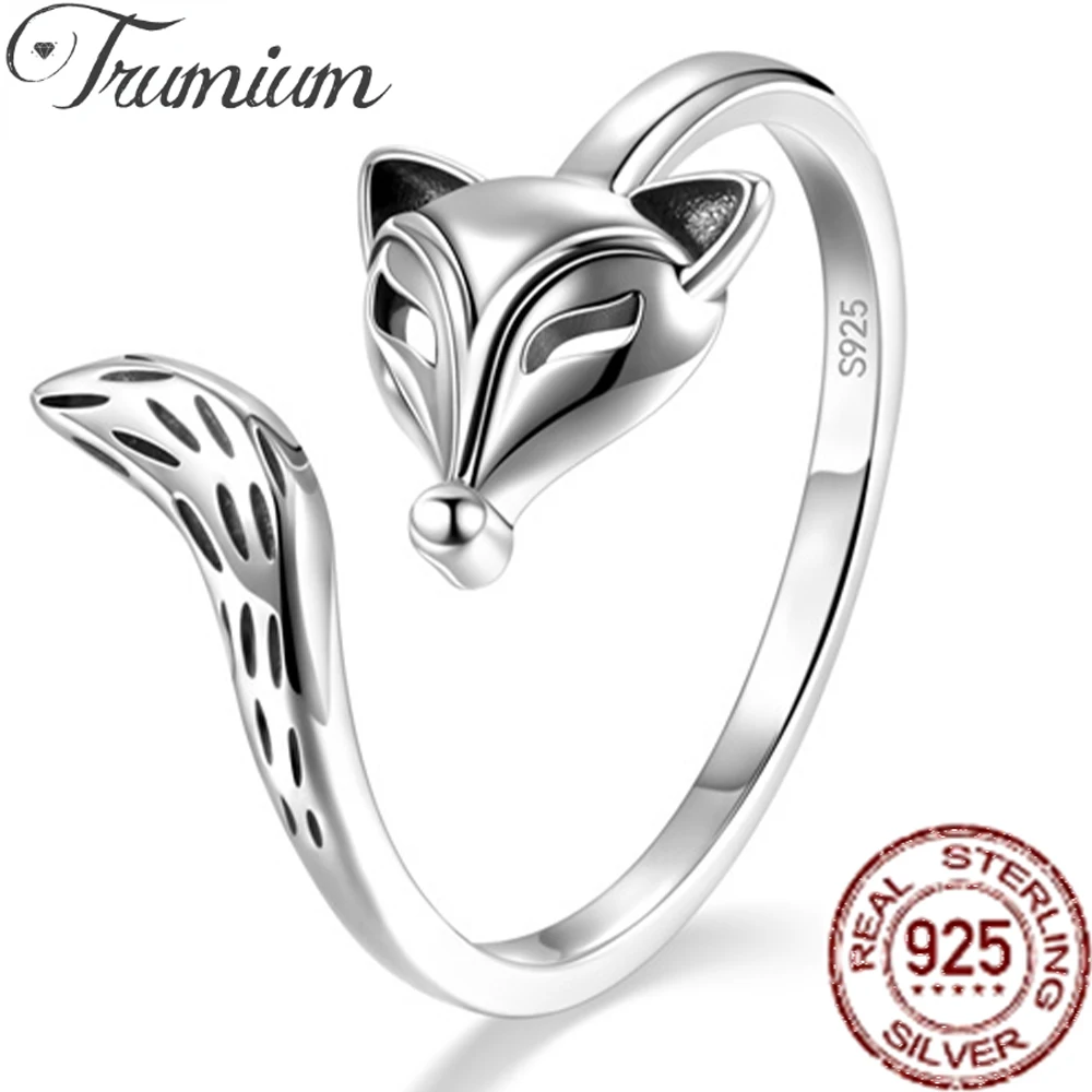 Trumium Unique Design 925 Sterling Silver Fox Rings for Women Lovely Animal Adjustable Ring Trendy Party Jewelry Gift