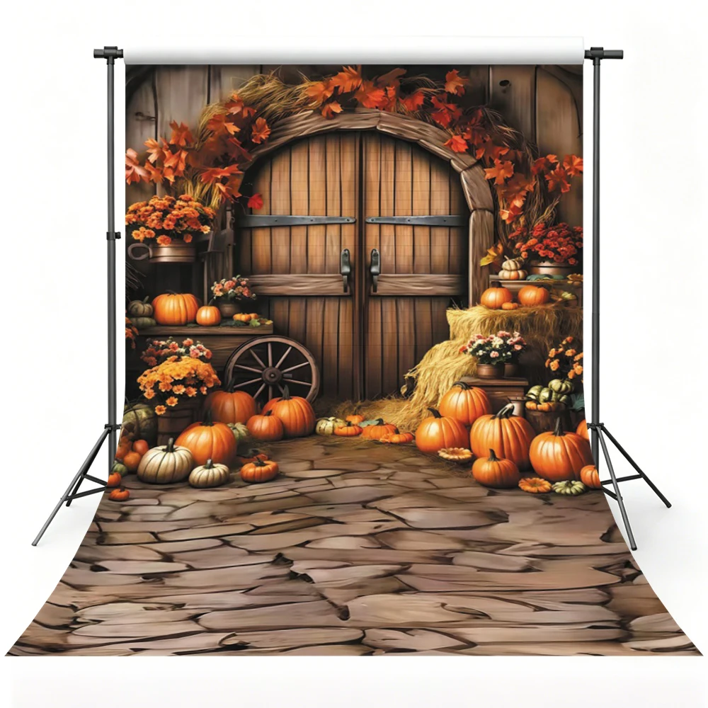 Autumn Harvest Photography Backdrop Pumpkin Flowers Barn Door Decoration Fall Thanksgiving Party Photo Background Studio Props