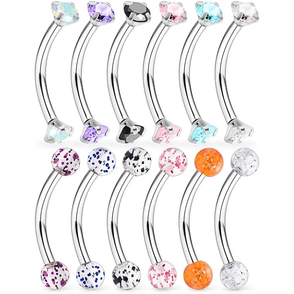 12 Pcs 16G Surgical Steel Eyebrow Piercing Rings Colorful Diamond CZ Curved Barbell Rook Piercing Body Jewelry for Women Men