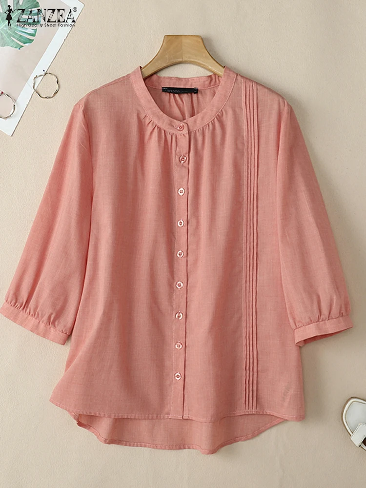 ZANZEA-Chemise Vintage Décontractée pour Femme, Chemisier Monochrome à Manches 3/4, lèvent vers le Bas, Tunique de Vacances, Été 2025