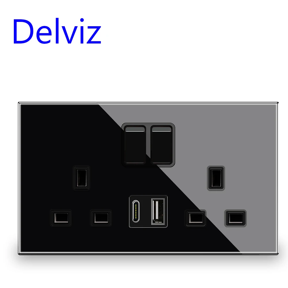 Delviz Crystal glass USB Socket, Switch control socket,18W Type-C Ports 3A Quick charge,UK standard 13A Wall Double Power Outlet