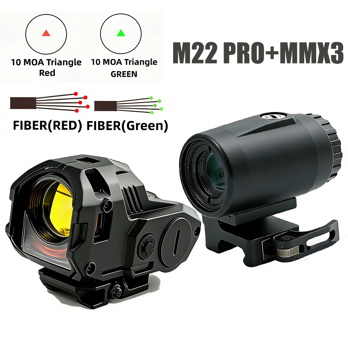 

Прицел M22 PRO с оптоволоконным красным точечным прицелом + увеличитель MMX3X, рефлекторный прицел с треугольной красно-зеленой сеткой 10 MOA для охоты