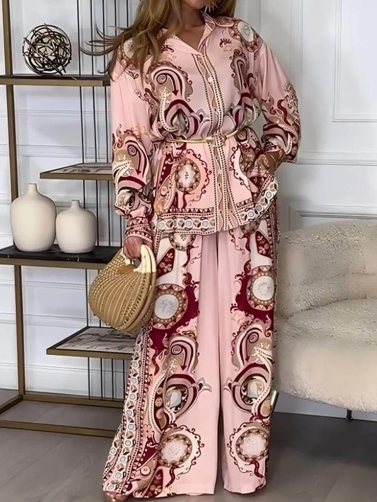 

Women Long Sleeve Button Shirt And Wide Leg Pants Suits, Spring Summer Retro Print Turn Down Collar Matching Sets Ladies Outfits