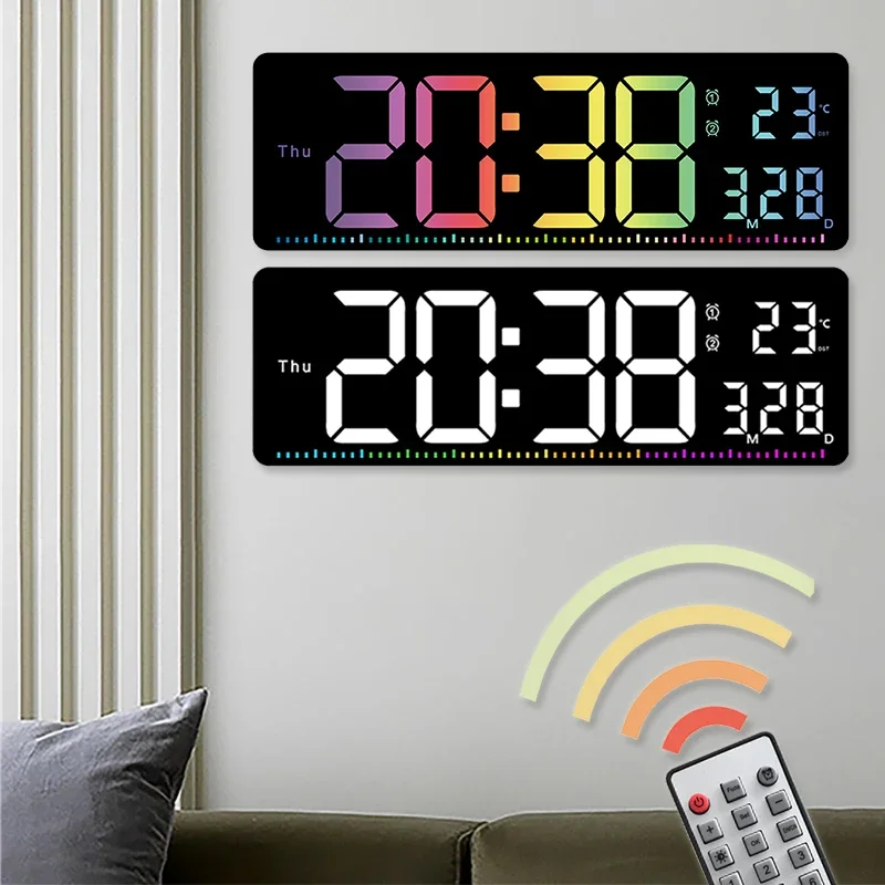 

Living Room Wall Hanging Large Colorful Alarm Clock Date Time Week Temperature Display LED Electronic Clock with Remote Control