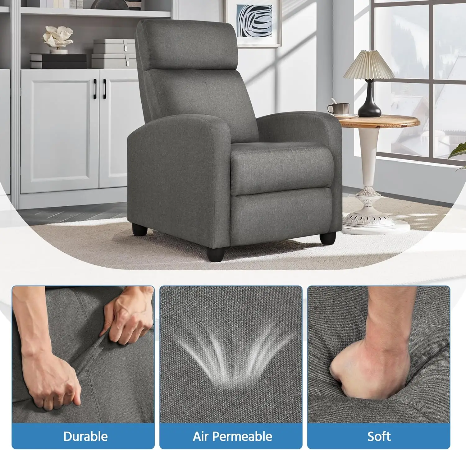 Silla reclinable de tela, sofá individual ergonómico ajustable con cojín de asiento más grueso, asientos modernos de cine en casa para sala de estar