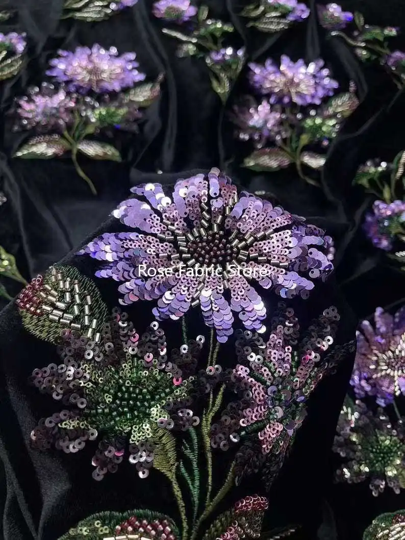 

1 yard 3D Velvet Sequin Bead Floral Embroidery Colorful Fabric,4 Way Stretch Purple Pink Flower Lace,for Bridal Dress, Gown