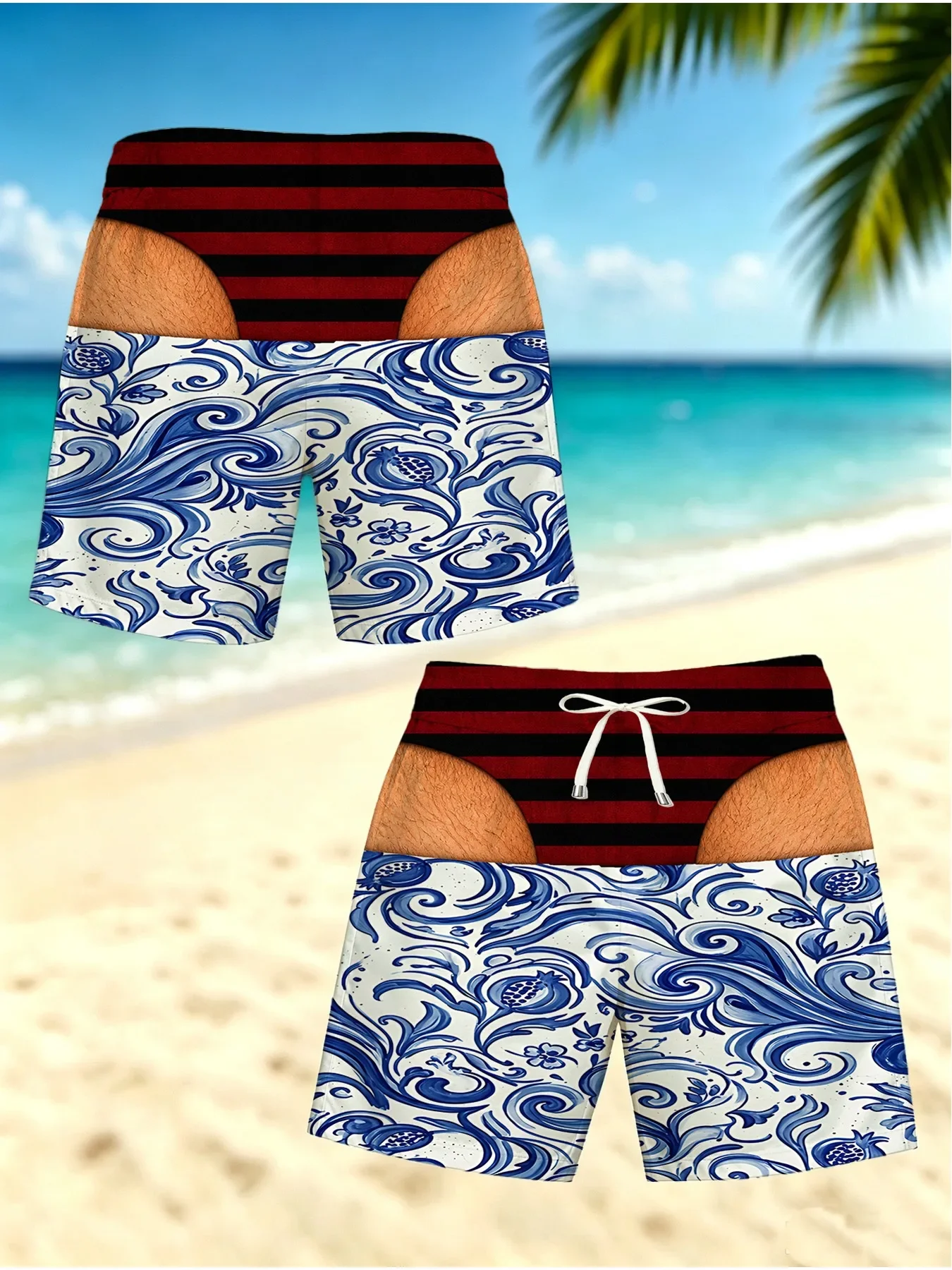 Funny Fake Leopard Bikini Waist Men Swim Trunks Vintage Road Sign Palm Print Quick Dry Beach Shorts Gag Gift