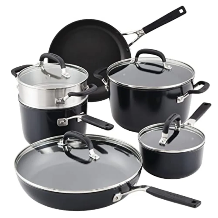 

10-Piece Hard Anodized Nonstick Cookware Set for Kitchen Cooking - Matte Black Durable Aluminum Pots and Pans with Heat-Resista