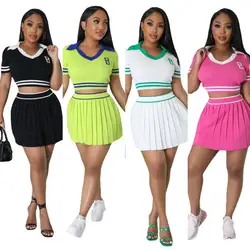 Stripes Printing Women Pleats Skirt Two-piece Set Summer Fashion Short Sleeves Polo T Shirt Mini Skirt Casual Club Wear