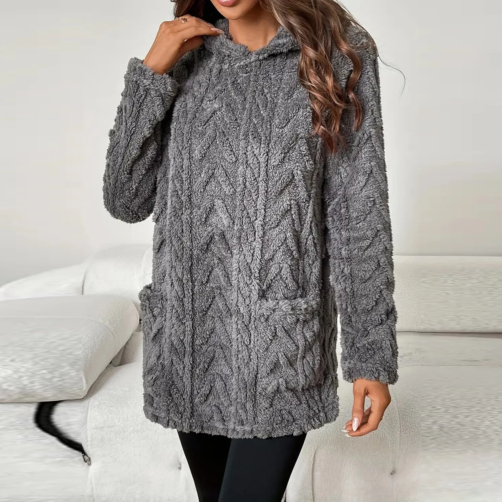 Sweat-shirt à capuche décontracté pour femmes, couleur unie, coupe ample et poches en polaire, vêtements d'hiver pour femmes