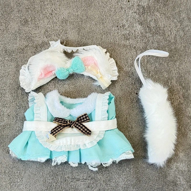 15/17 cm carino Labubu 1a-3a generazione bambola adorabile vestito da cameriera sexy grembiuli multicolori dettagli in pizzo fasce per orecchie di gatto con code di peluche