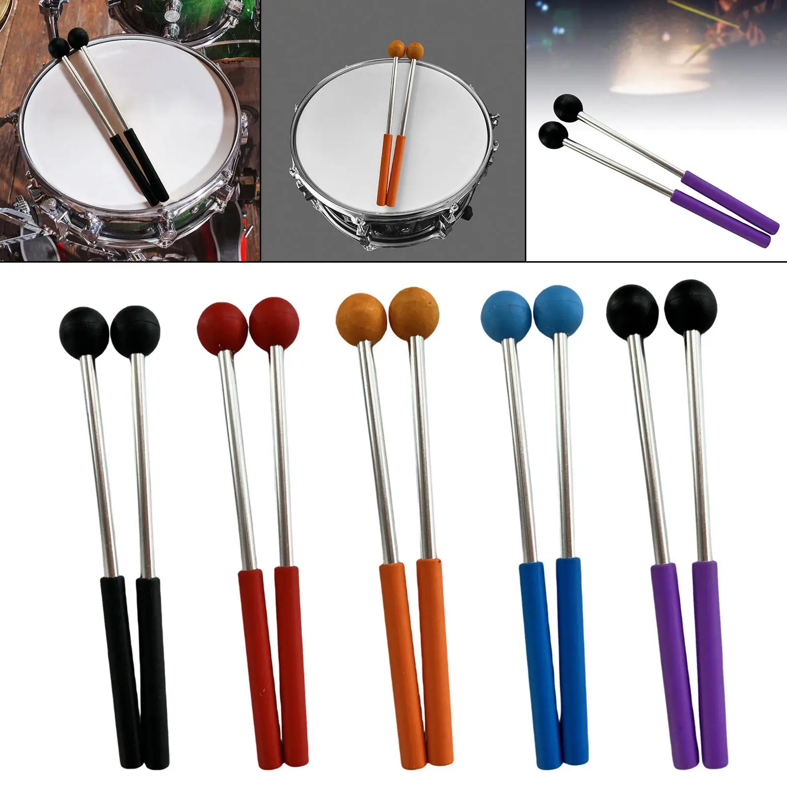 Pack of 2 Percussion Drumsticks Metal Rod Lightweight Rubber Head Drum Beaters