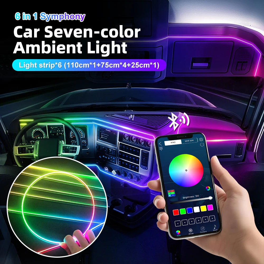 

10 в 1 RGB светодиодная лента для салона автомобиля, окружающее освещение, акриловое оптическое волокно, 64 цвета, управляемая через приложение, лампа для ног, универсальный комплект