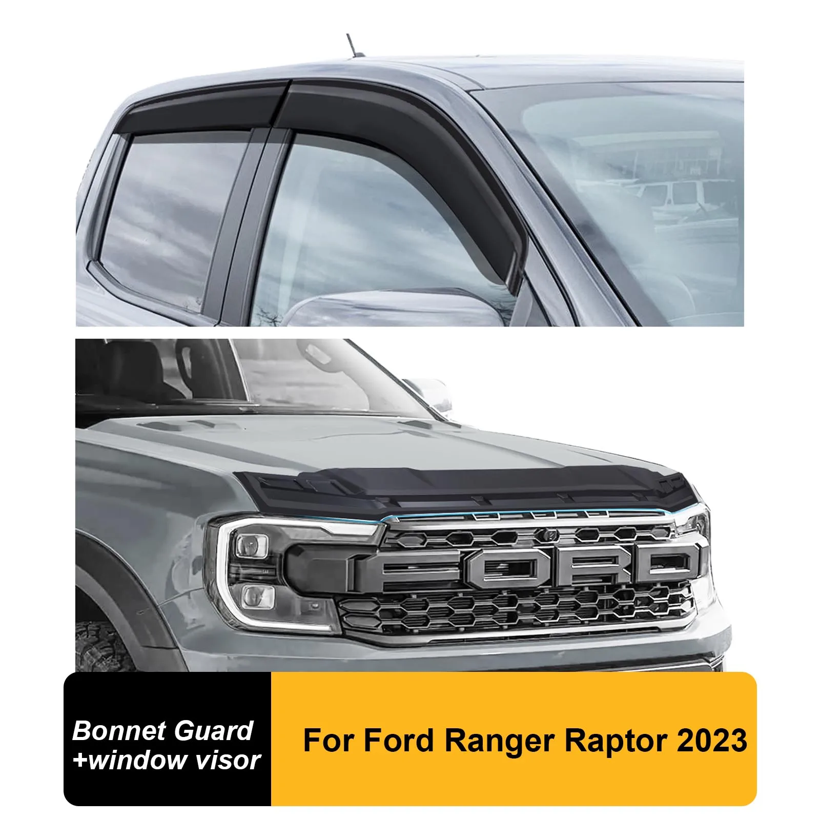 Bonnet Protector + Weathershields Bonnet Guard  Window Visor For Ford Ranger Raptor T9 2023 2024 Double Cabin Accessories