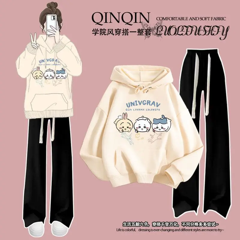 Chiikawa Kids Cotton Hooded Sweatshirt Set Hachiware Usagi Anime Casual Spring Autumn Unisex Hoodie Trousers 2Pcs Cute Girl Gift