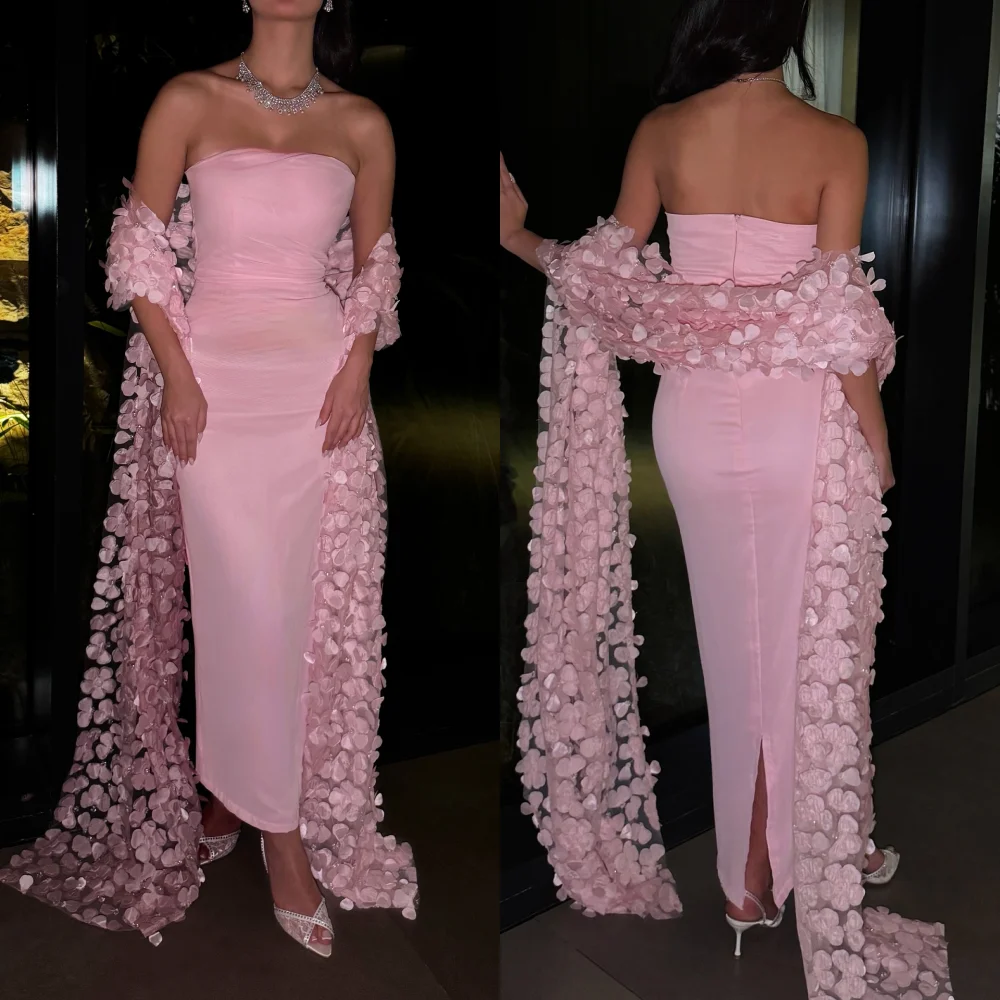 

Customized Intricate Matching Jersey Handmade Flower Pleat Ruched Straight Strapless Midi Dresses Evening Dresses High Quality