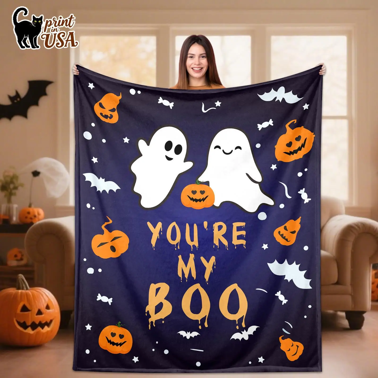 Halloween Throw Blanket , Pumpkins, Bats, YOU'RE MY BOO Text - Navy Blue & Orange Spooky Decor Lightweight Flannel Blanket