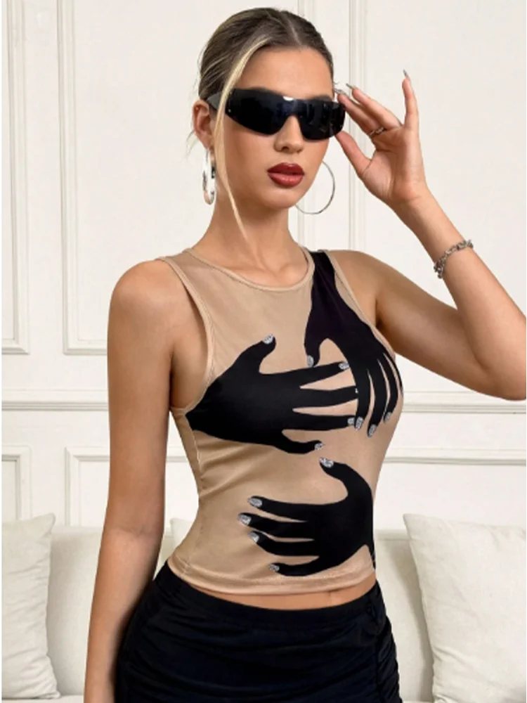 

Sleeveless Round Neck Short Sleeved Geometric Printed Women's T-shirt High Street Fashion Casual Comfortable Women's Top