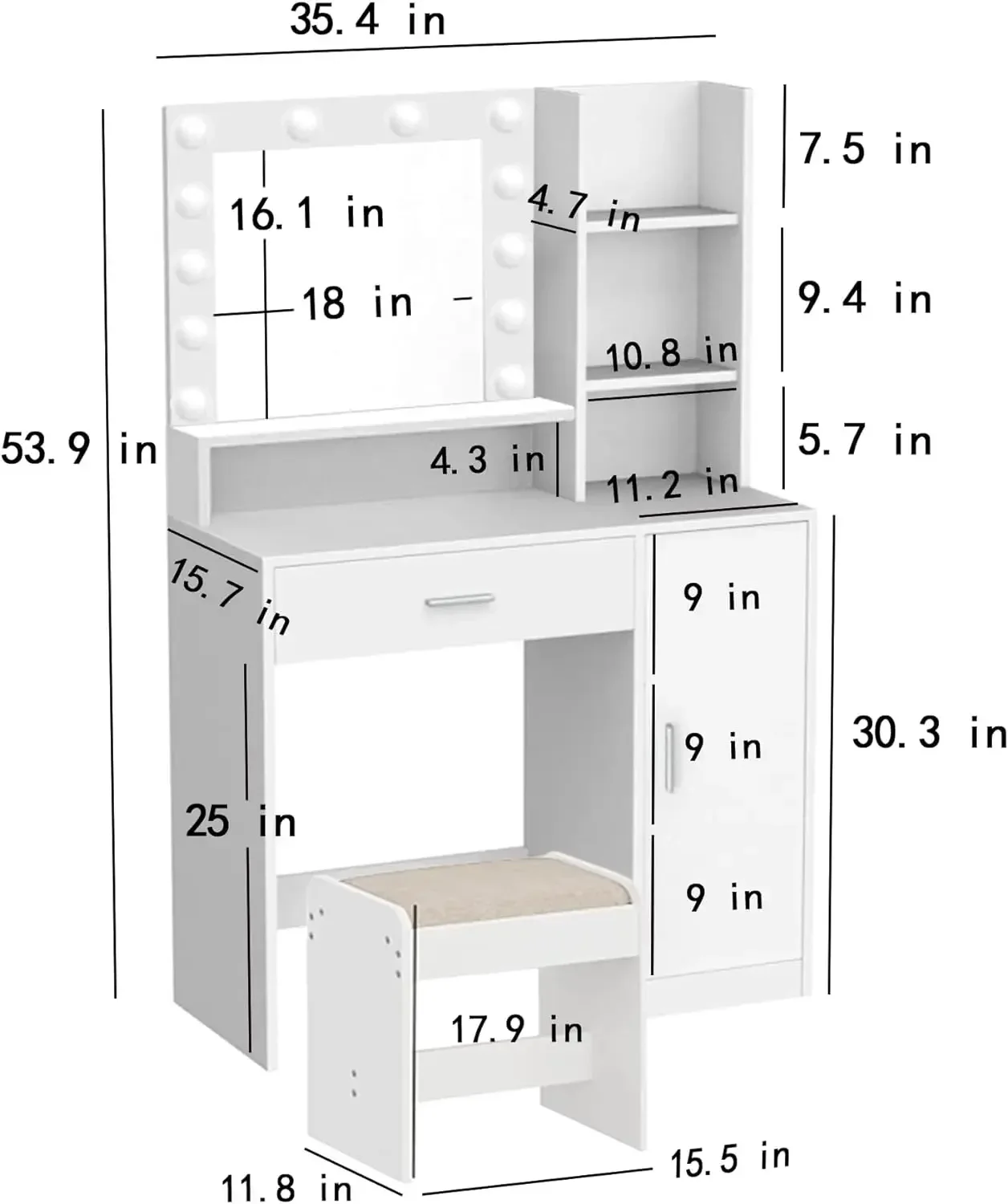 Vanity Desk with Mirror & Light, Large Drawer & Three Level Storage Dresser, 3 Lighting Modes Adjustable Brightness, Bedroom Dre