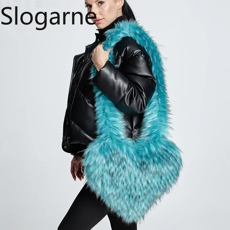 

2025 Fluffy Plush Winter Women Handbags Heart Shaped Faux Raccoon Fur Heart Shaped Shoulder Bag Cute Love Tote Bags for Women