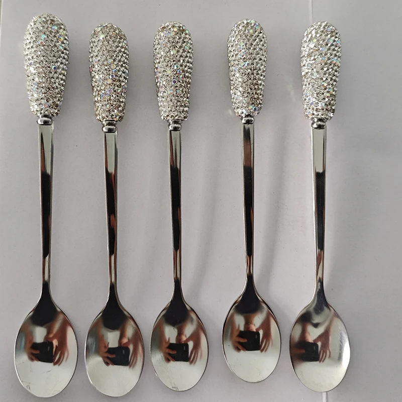 

Stainless Steel Dessert Spoon Fruit Fork Bling Rhinestones Coffee Spoon Teaspoon Ice Cream Small Fork Spoon Western Tableware