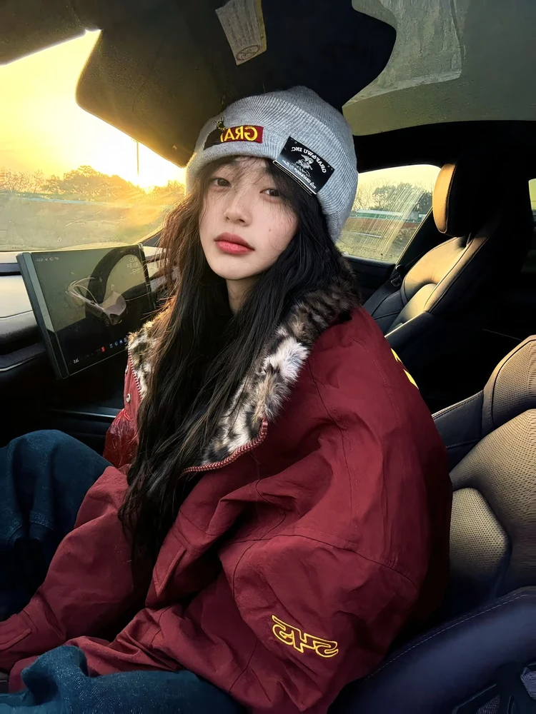 

Thiened Winter Jaet with Fur Collar American Retro Leopard Print for Men And Women Warm Casual Sle Red Workwear Coat