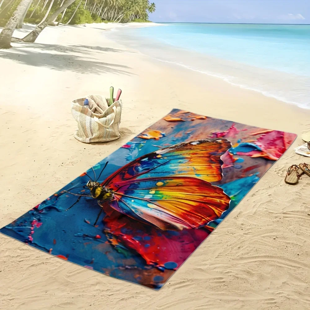 Colorful Butterfly Beach Towel, Oil Painting Style Butterfly Print Oversized Bath Towel, Dry Artistic Summer Beach Blanket