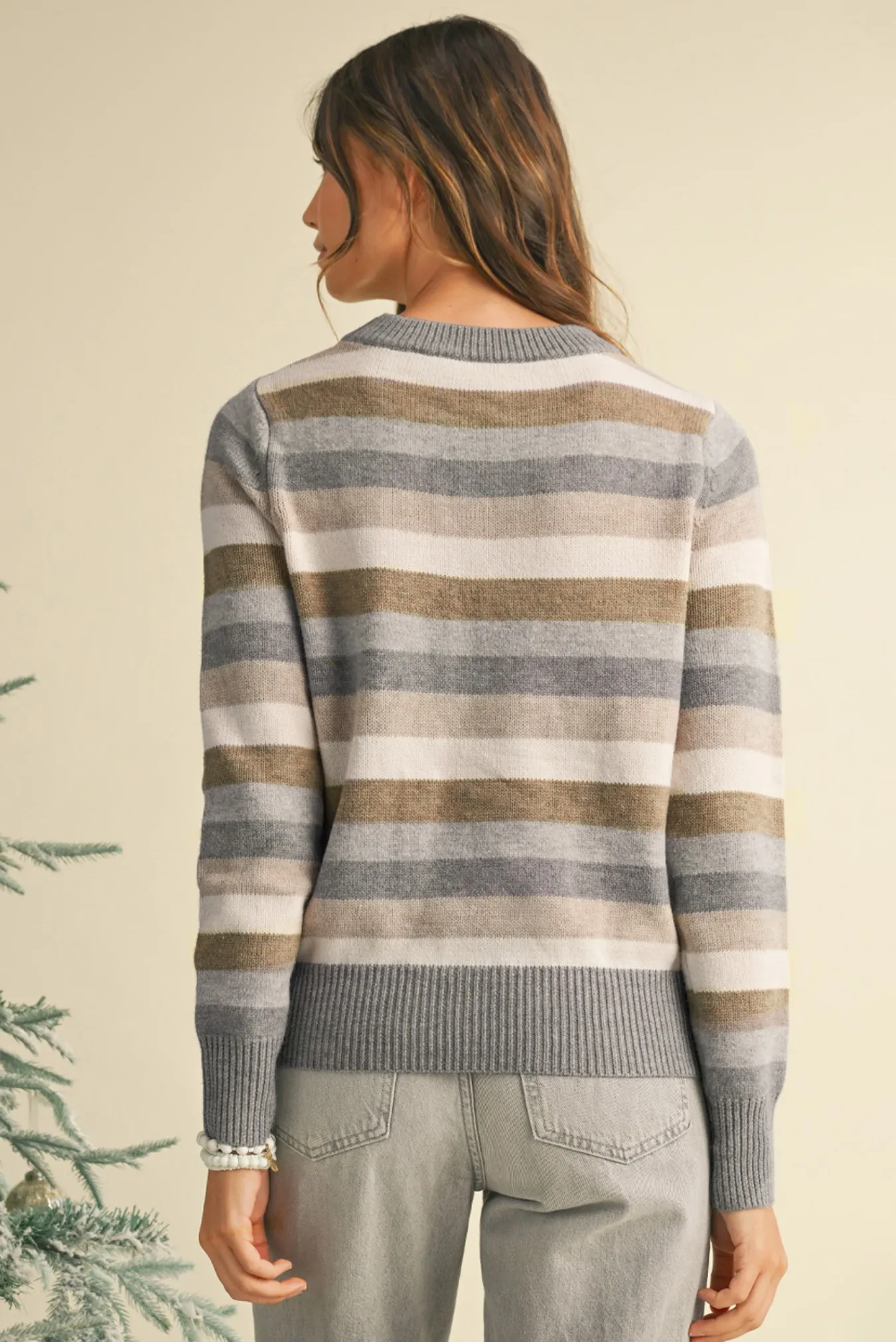 Bild 3: Damen Grau-Braun Gestreifter Rundhals-Strickpullover Lässiger Langarm-Pullover für Herbst und Winter